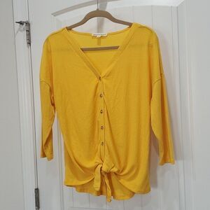 Above and Beyond  Women’s Waffle Knit Tie Front Mustard Shirt, Size Medium